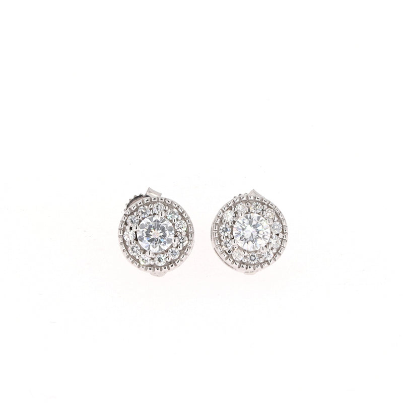 0.70 CTW DEW Round Near-Colorless Moissanite Halo Stud Earrings in 14K White Gold