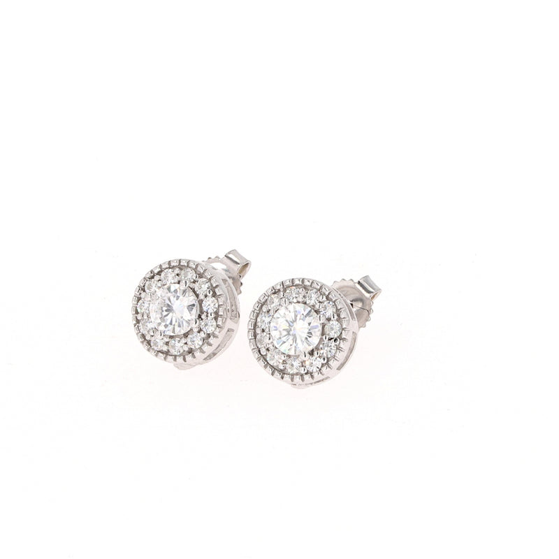 0.70 CTW DEW Round Near-Colorless Moissanite Halo Stud Earrings in 14K White Gold
