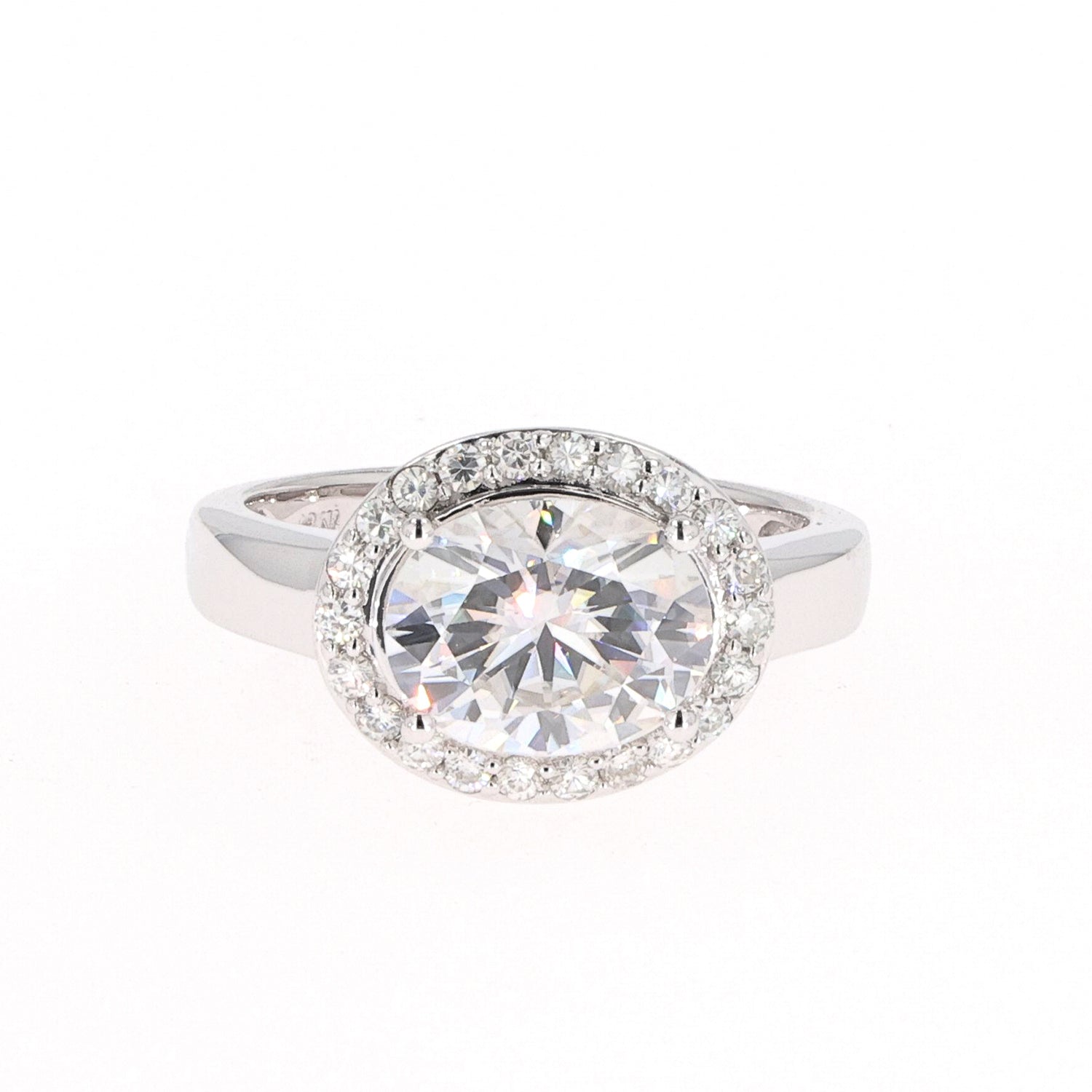 3.33 CTW DEW Oval Near-Colorless Moissanite East-West Halo Engagement Ring in 14K White Gold
