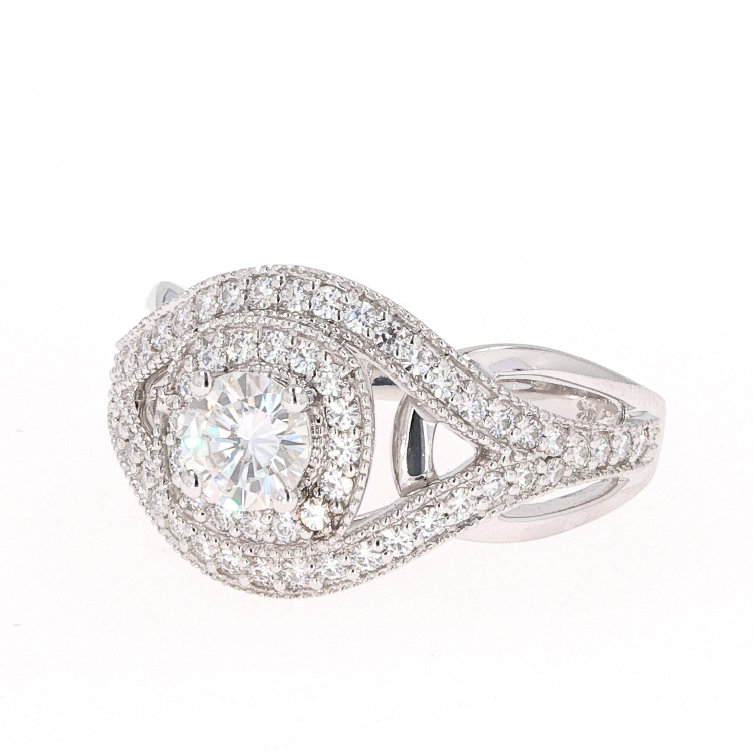 1.22 CTW DEW Round Near-Colorless Moissanite Accented Halo Engagement Ring in 14K White Gold