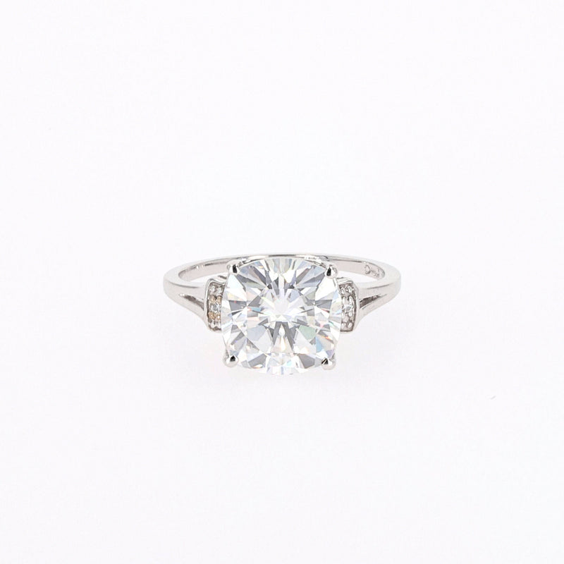 5.04 CTW DEW Cushion Near-Colorless Moissanite Split Shank Ring in 14K White Gold