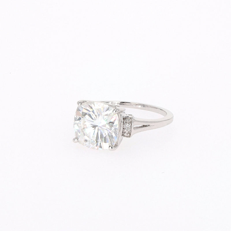 5.04 CTW DEW Cushion Near-Colorless Moissanite Split Shank Ring in 14K White Gold