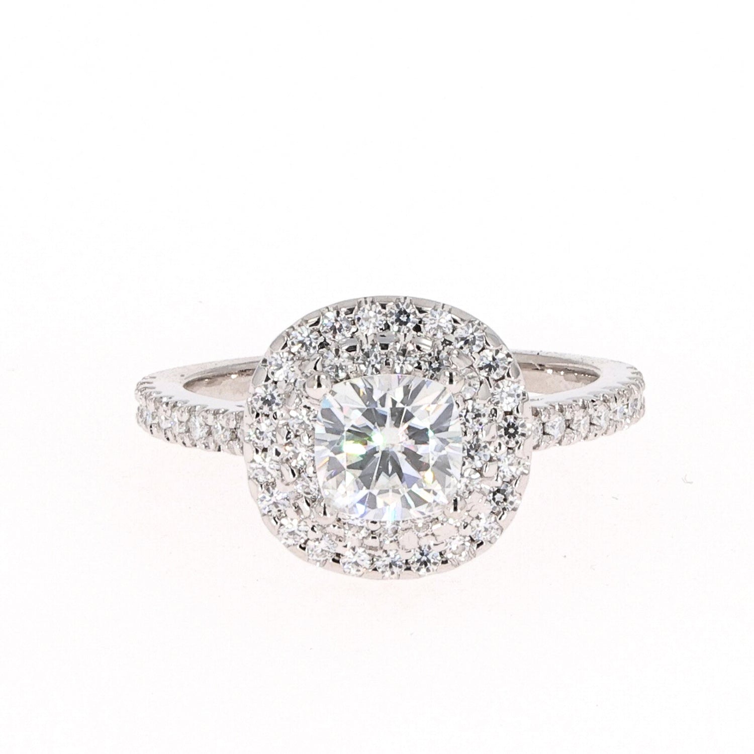 1.77 CTW DEW Cushion Near-Colorless Moissanite Accented Halo Engagement Ring in 14K White Gold
