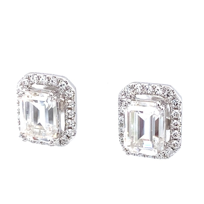 3.90 CTW DEW Emerald Near-Colorless Moissanite Halo Stud Earrings in 14K White Gold