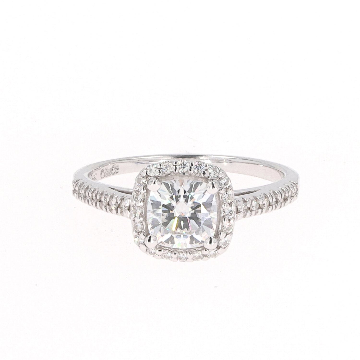 1.37 CTW DEW Cushion Near-Colorless Moissanite Accented Halo Engagement Ring in 14K White Gold