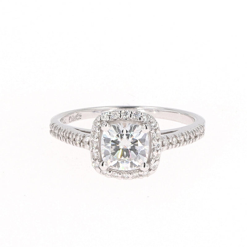 1.37 CTW DEW Cushion Near-Colorless Moissanite Accented Halo Engagement Ring in 14K White Gold