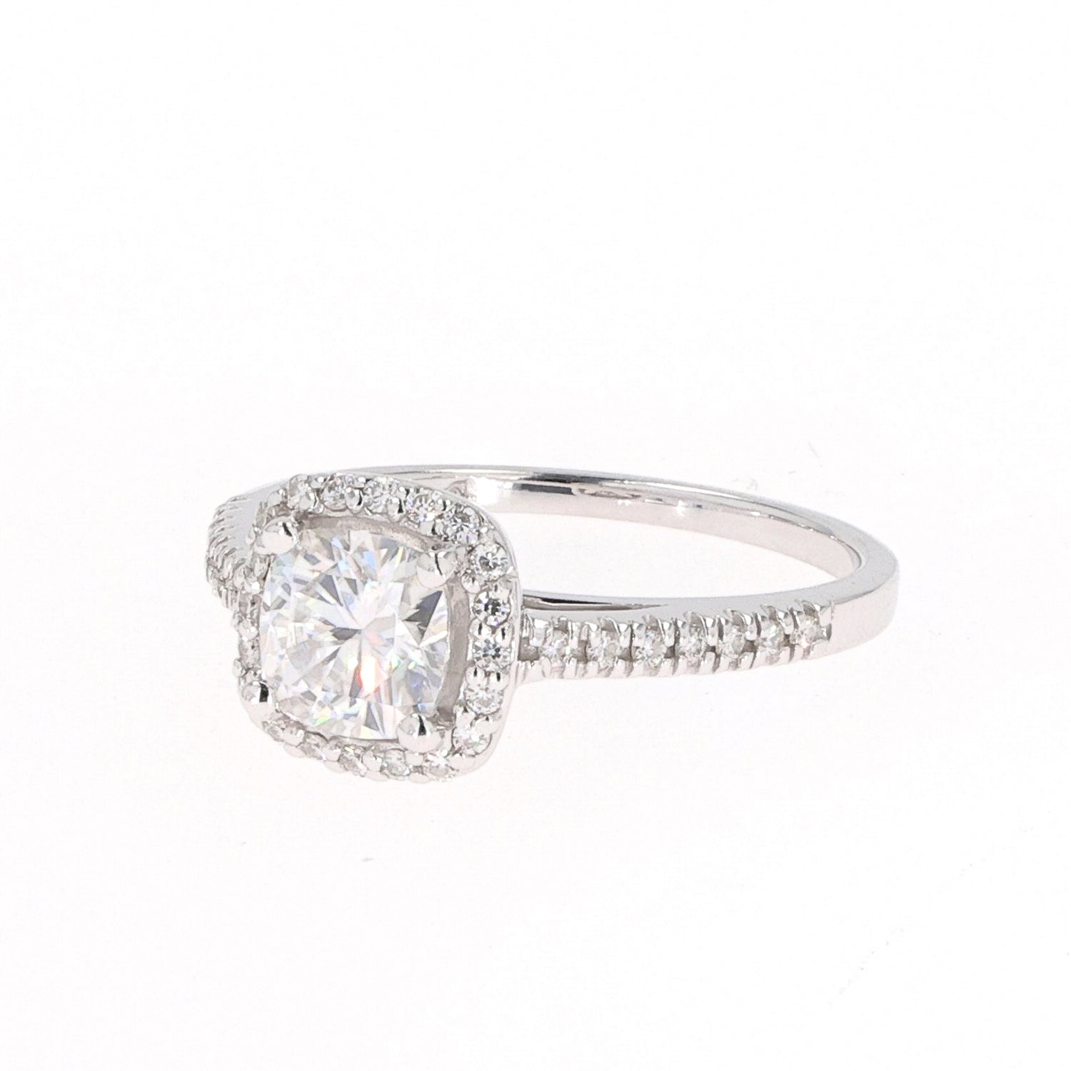 1.37 CTW DEW Cushion Near-Colorless Moissanite Accented Halo Engagement Ring in 14K White Gold