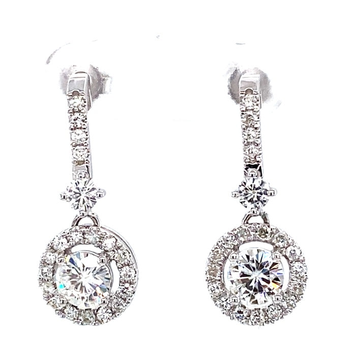 2.03 CTW DEW Round Near-Colorless Moissanite Halo Drop Earrings in 14K White Gold