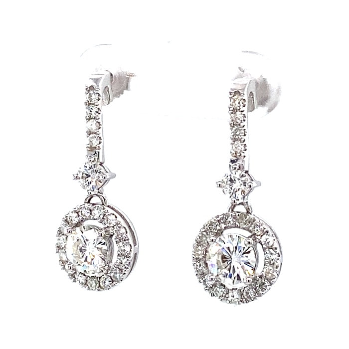 2.03 CTW DEW Round Near-Colorless Moissanite Halo Drop Earrings in 14K White Gold