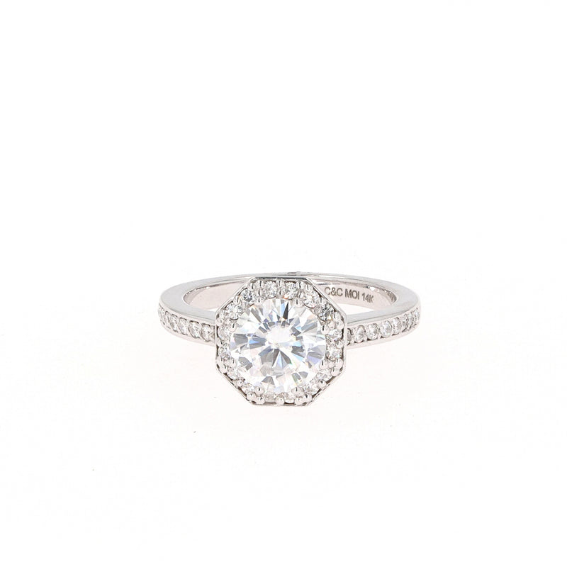 1.82 CTW DEW Round Near-Colorless Moissanite Halo Engagement Ring in 14K White Gold