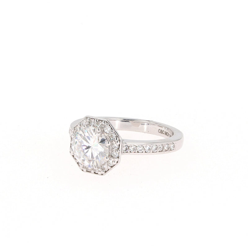 1.82 CTW DEW Round Near-Colorless Moissanite Halo Engagement Ring in 14K White Gold