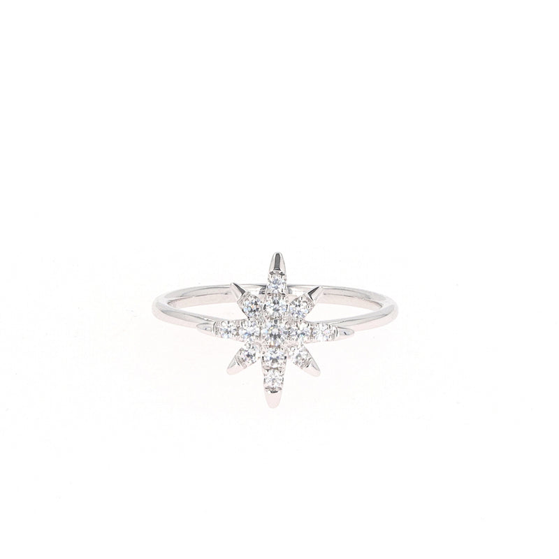 0.22 CTW DEW Round Near-Colorless Moissanite Starburst Ring in 14K White Gold