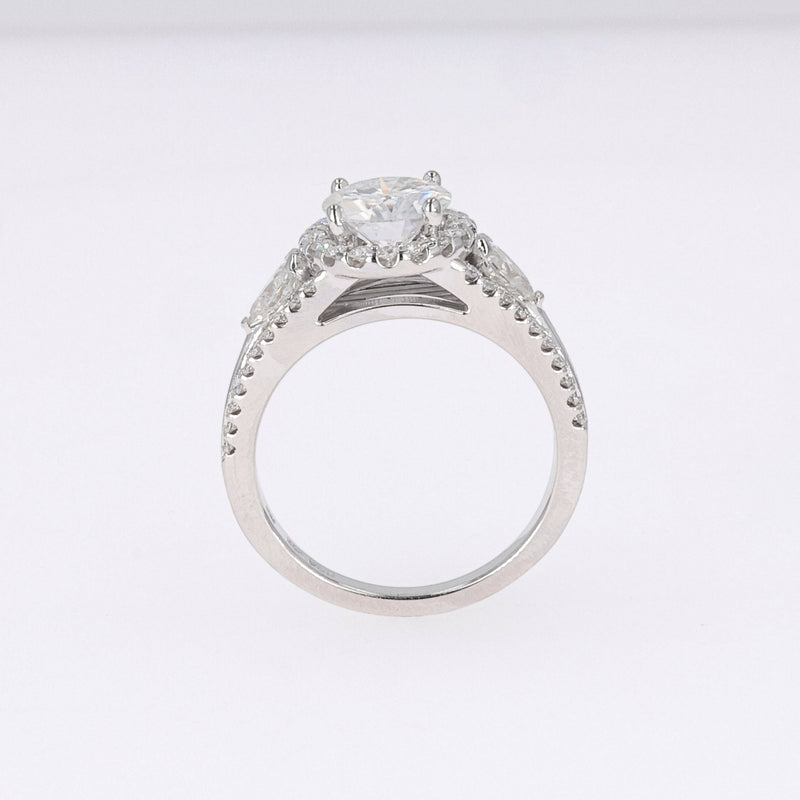 2.50 CTW DEW Round Near-Colorless Moissanite Three-Stone Ring in 14K White Gold