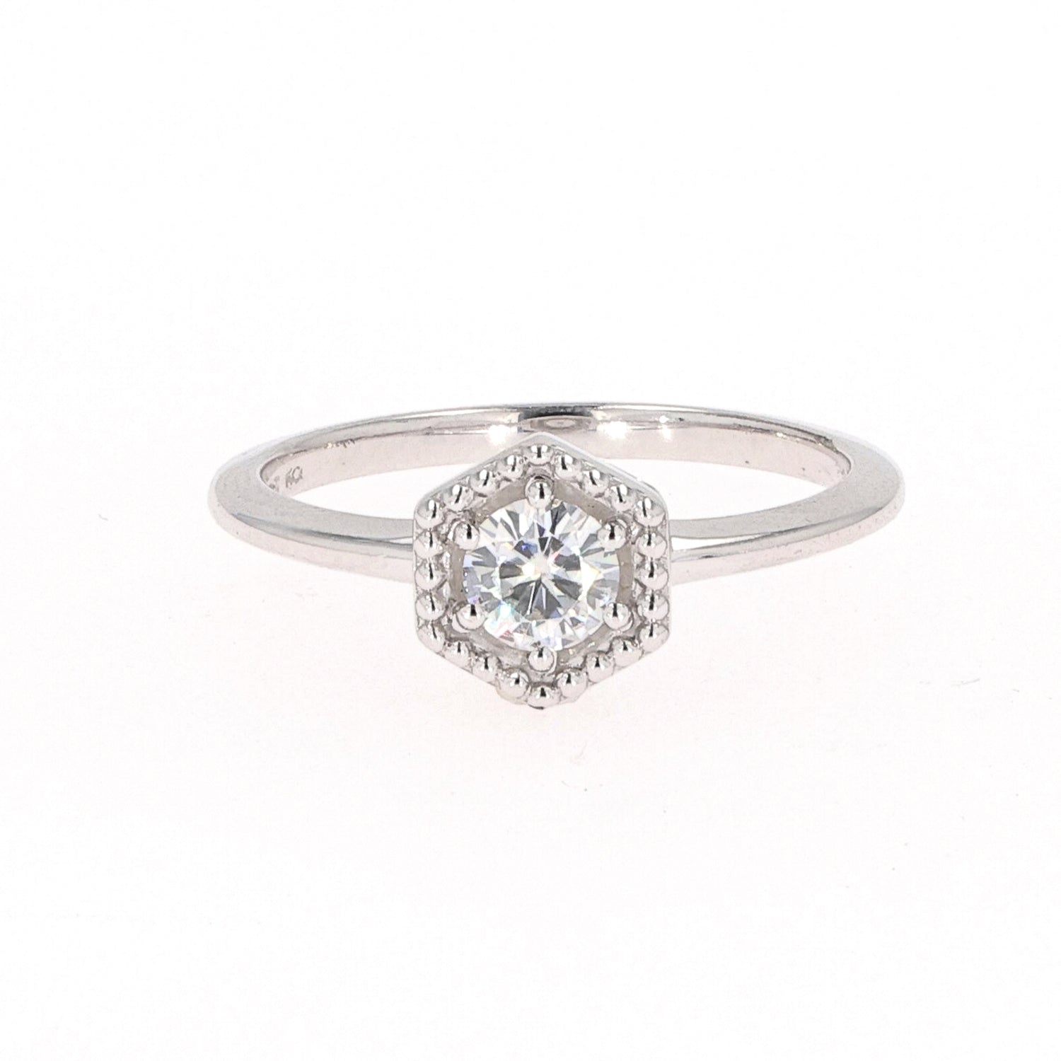 0.33 CTW DEW Round Moissanite Hexagon Milgrain Halo Ring in Sterling Silver