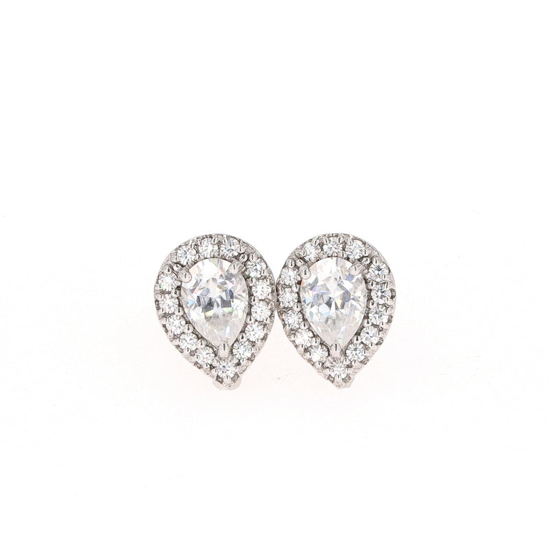 1.96 CTW DEW Pear Near-Colorless Moissanite Halo Stud Earrings in 14K White Gold