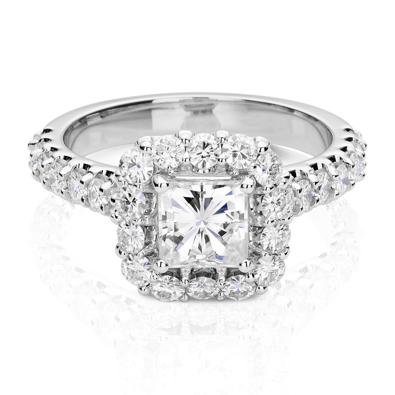 1.98 CTW DEW Square Moissanite Halo Ring in 14K White Gold
