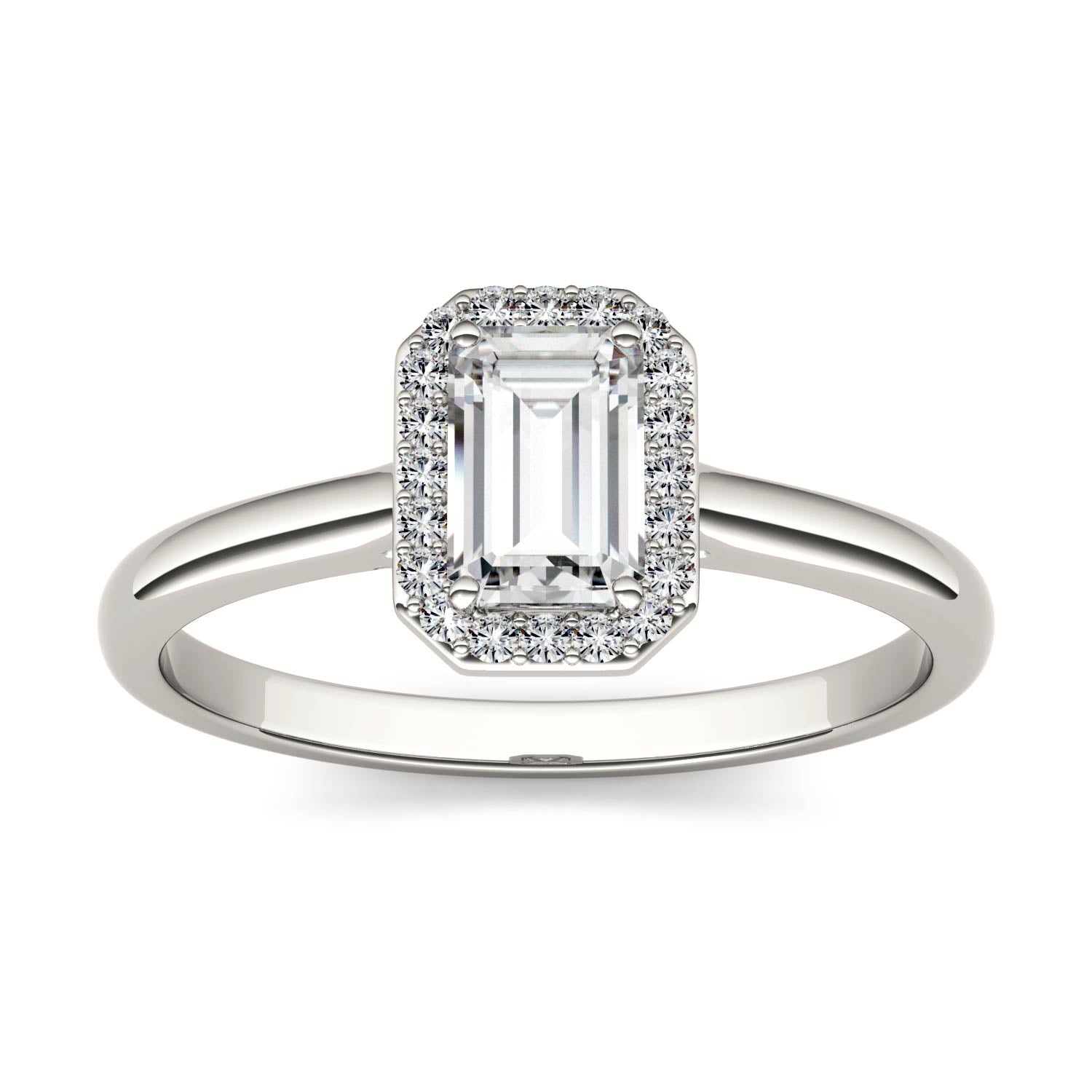 0.68 CTW DEW Emerald Moissanite Halo Ring in 14K White Gold