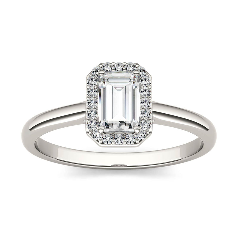 0.68 CTW DEW Emerald Moissanite Halo Ring in 14K White Gold