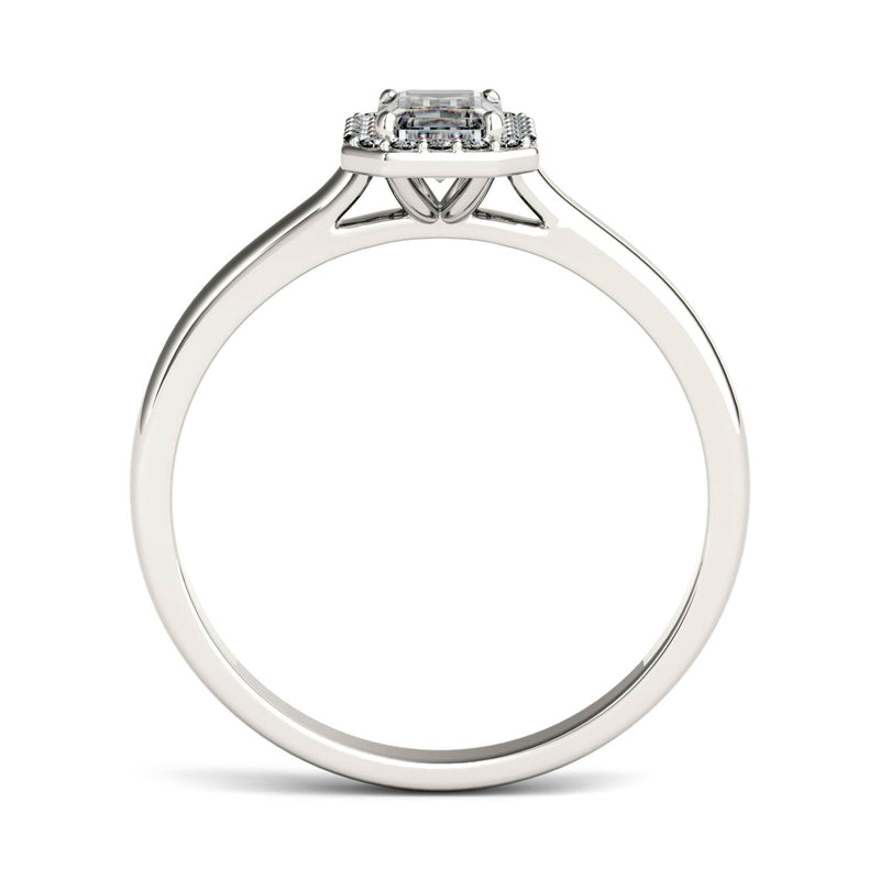 0.68 CTW DEW Emerald Moissanite Halo Ring in 14K White Gold