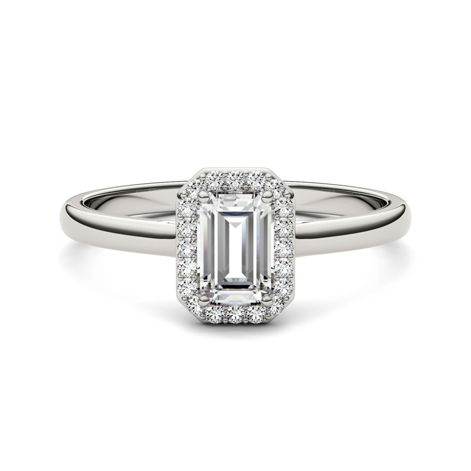 0.68 CTW DEW Emerald Moissanite Halo Ring in 14K White Gold