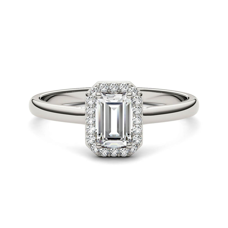 0.68 CTW DEW Emerald Moissanite Halo Ring in 14K White Gold