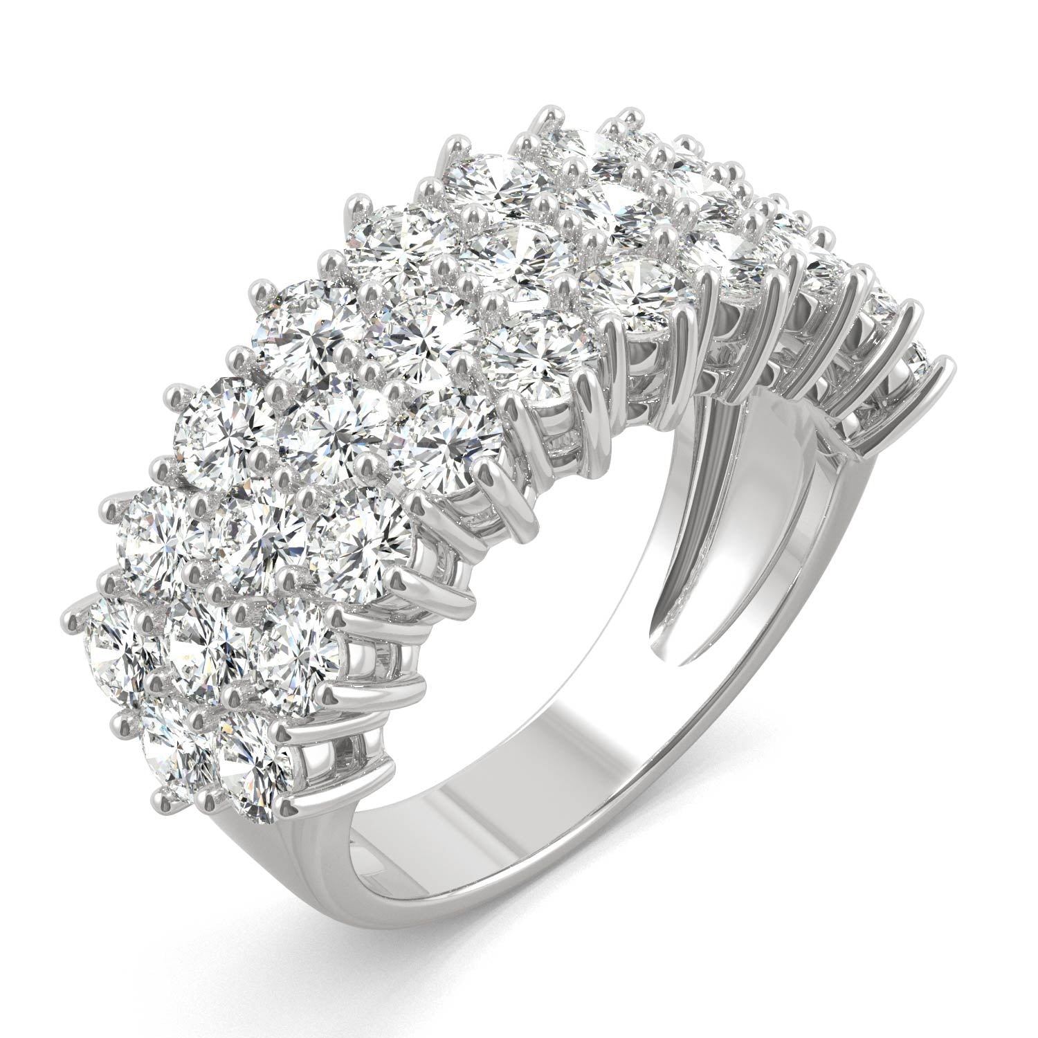 3.10 CTW DEW Round Moissanite Three Row Ring in 14K White Gold