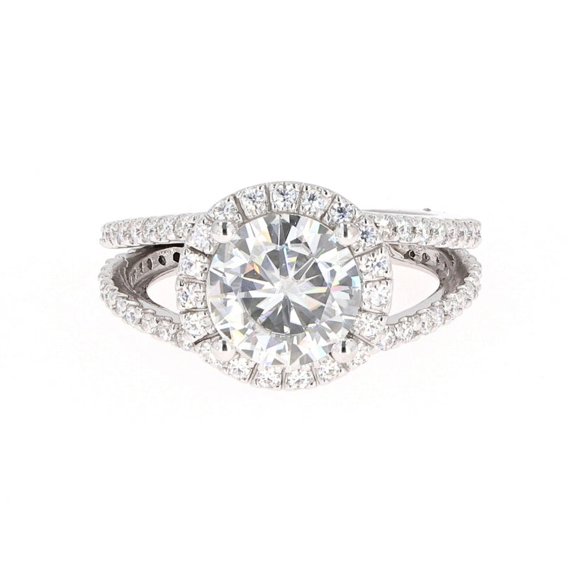 3.45 CTW DEW Round Moissanite Split Shank Solitaire With Accents Engagement Ring in 14K White Gold
