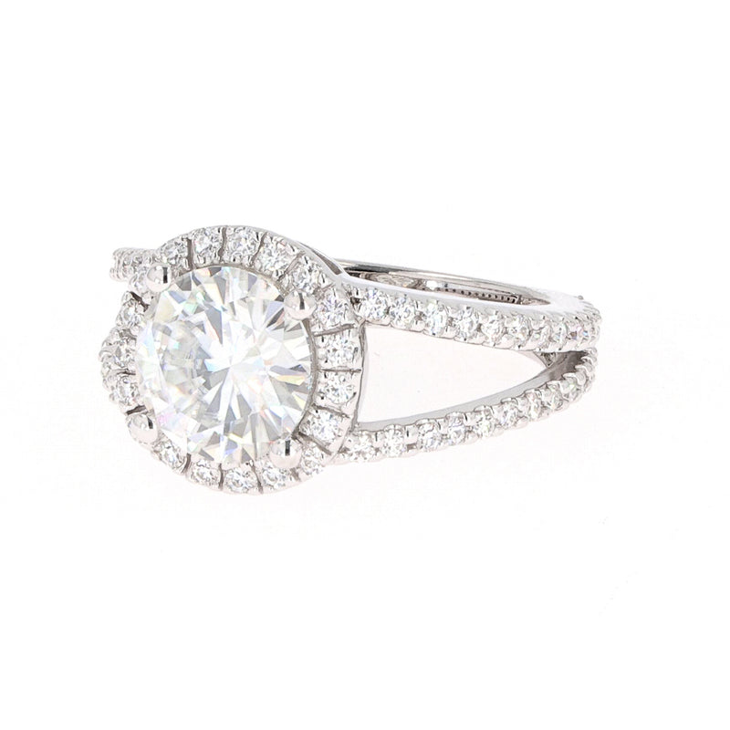 3.45 CTW DEW Round Moissanite Split Shank Solitaire With Accents Engagement Ring in 14K White Gold