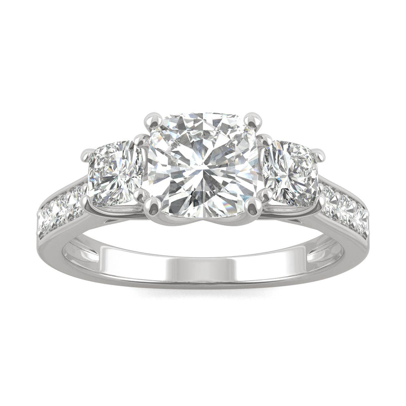 2.14 CTW DEW Cushion Moissanite Three Stone Ring in 14K White Gold