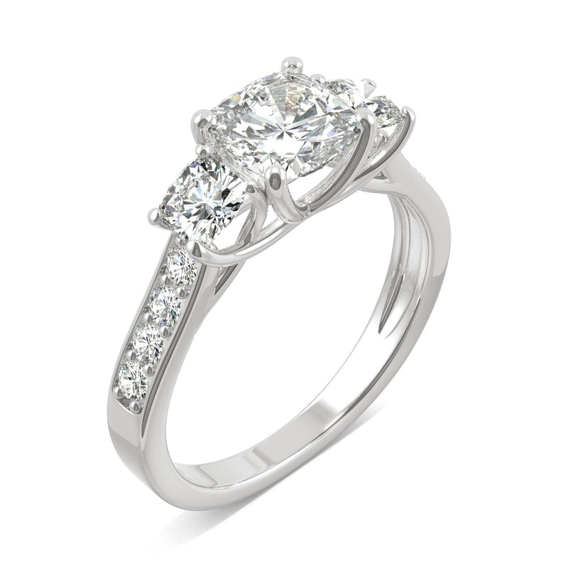 2.14 CTW DEW Cushion Moissanite Three Stone Ring in 14K White Gold