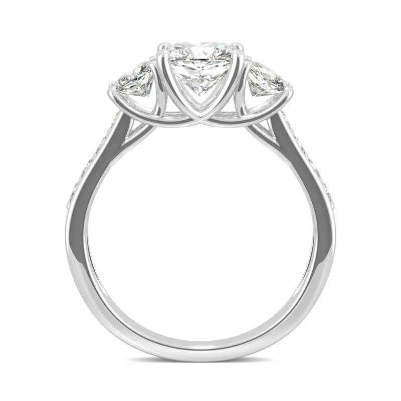 2.14 CTW DEW Cushion Moissanite Three Stone Ring in 14K White Gold