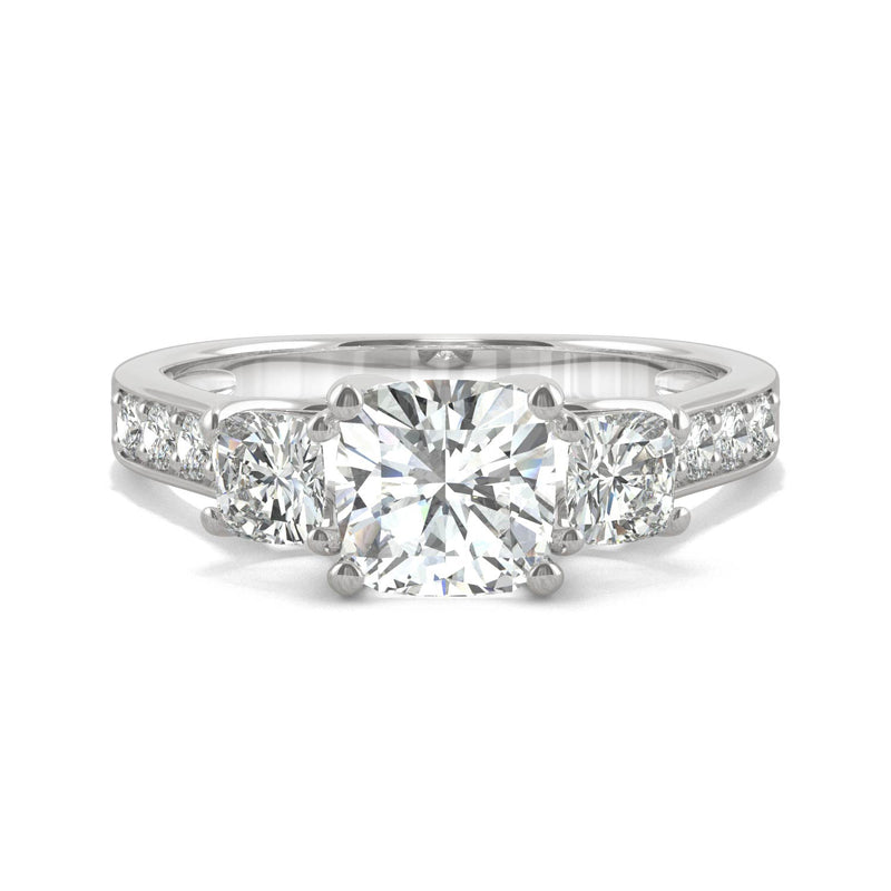 2.14 CTW DEW Cushion Moissanite Three Stone Ring in 14K White Gold