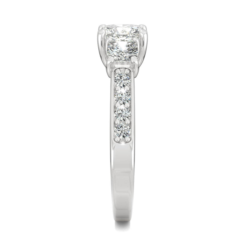 2.14 CTW DEW Cushion Moissanite Three Stone Ring in 14K White Gold