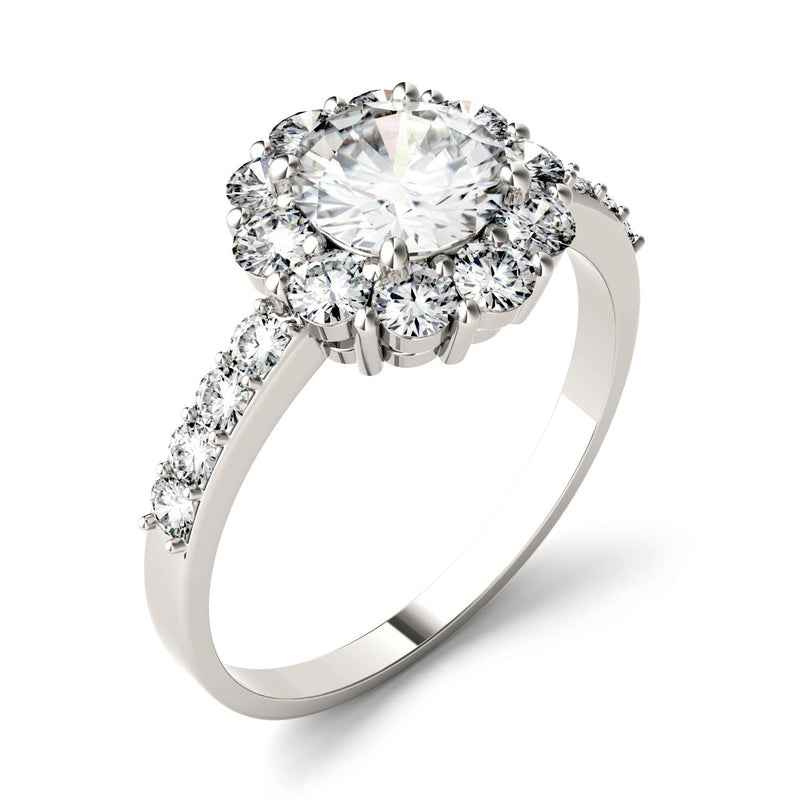 1.78 CTW DEW Round Moissanite Halo Ring in 14K White Gold