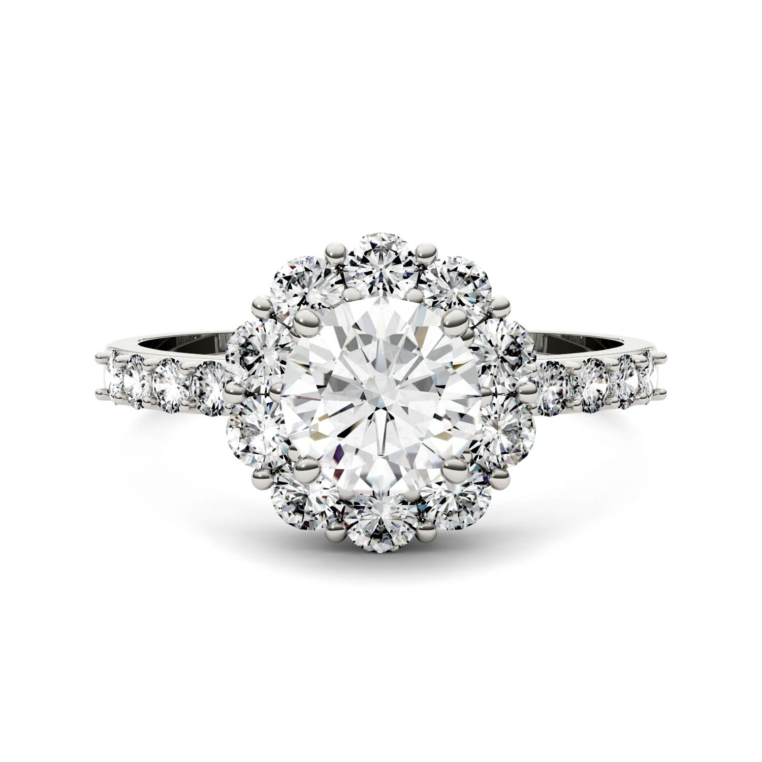 1.78 CTW DEW Round Moissanite Flower Halo Engagement Ring in 14K White Gold