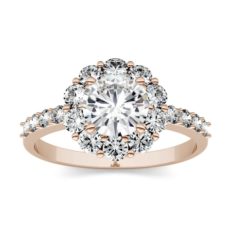1.78 CTW DEW Round Moissanite Halo Ring in 14K Rose Gold