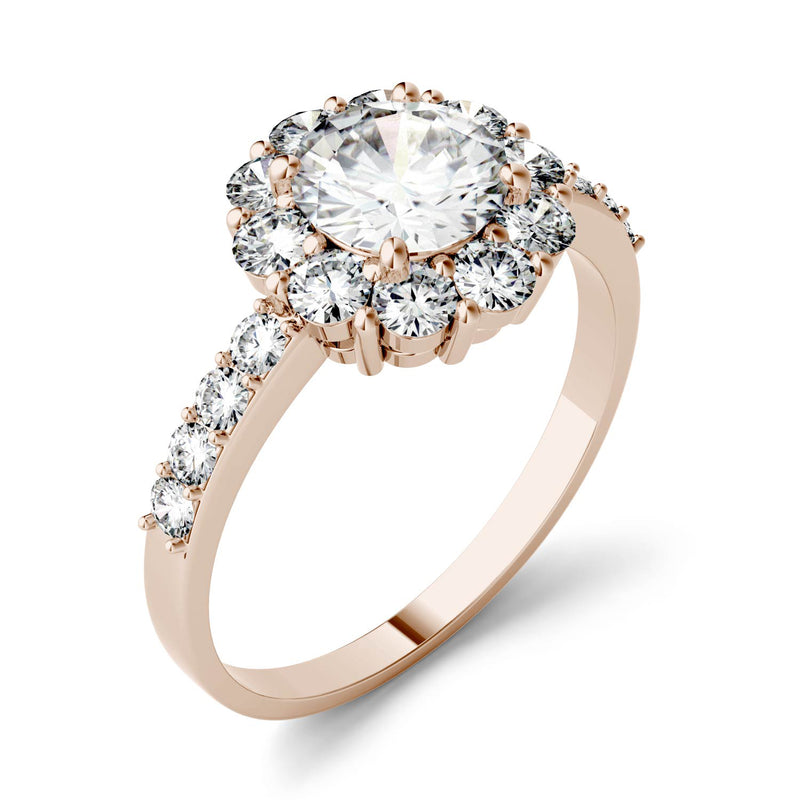 1.78 CTW DEW Round Moissanite Halo Ring in 14K Rose Gold