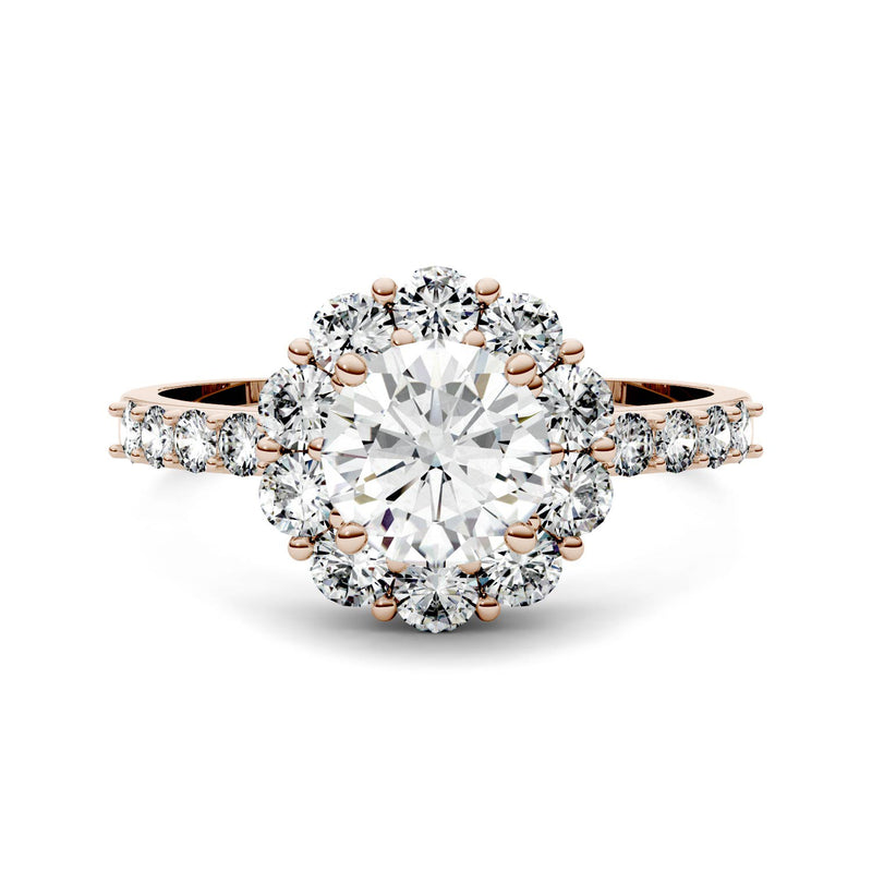 1.78 CTW DEW Round Moissanite Halo Ring in 14K Rose Gold