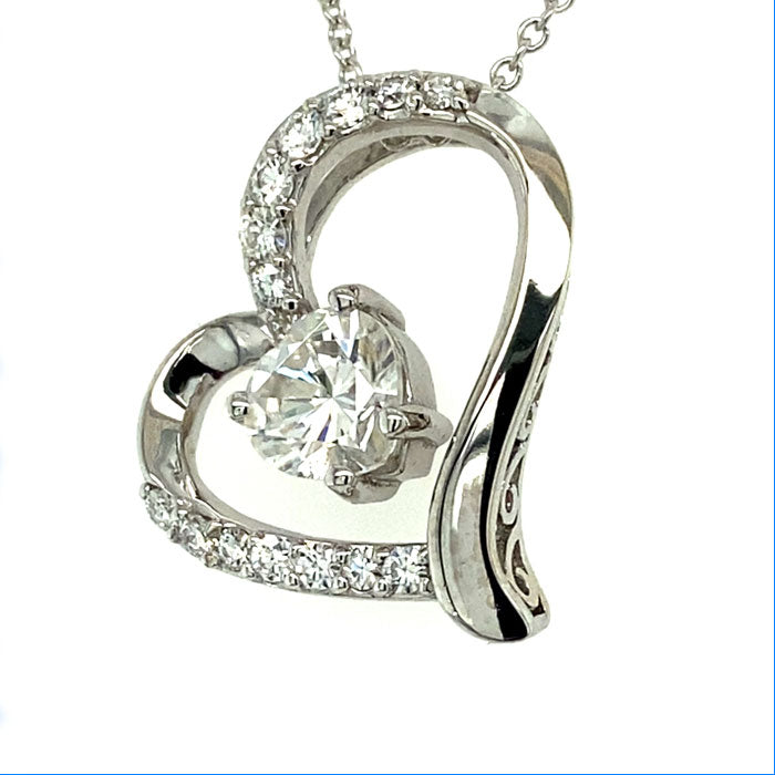 1.05 CTW DEW Heart Near-Colorless Moissanite Heart Pendant in 14K White Gold