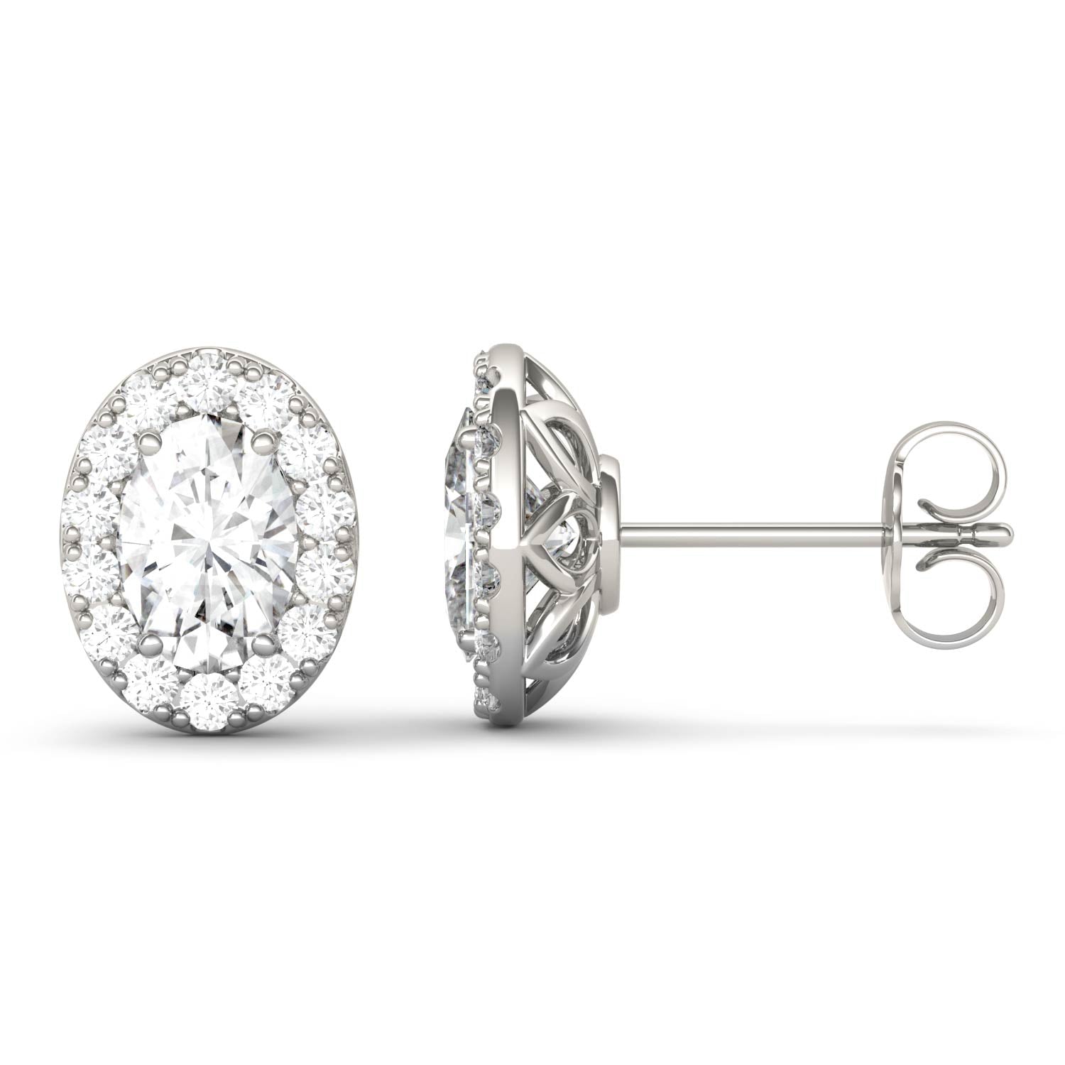 2.22 CTW DEW Oval Moissanite Halo Earrings in 14K White Gold