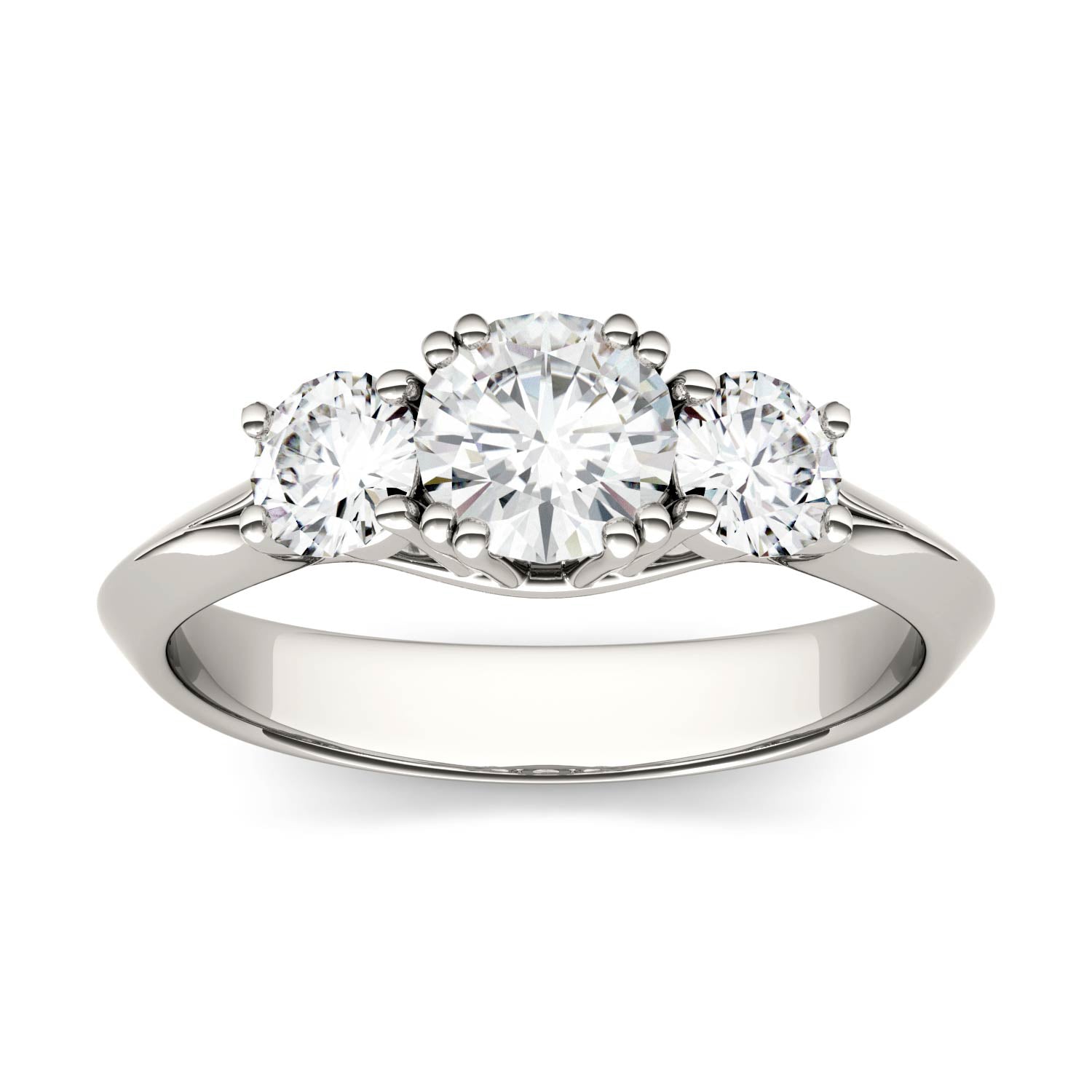 1.06 CTW DEW Round Moissanite Three Stone Ring in 14K White Gold