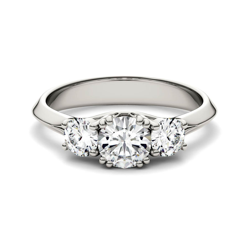 1.06 CTW DEW Round Moissanite Three Stone Ring in 14K White Gold