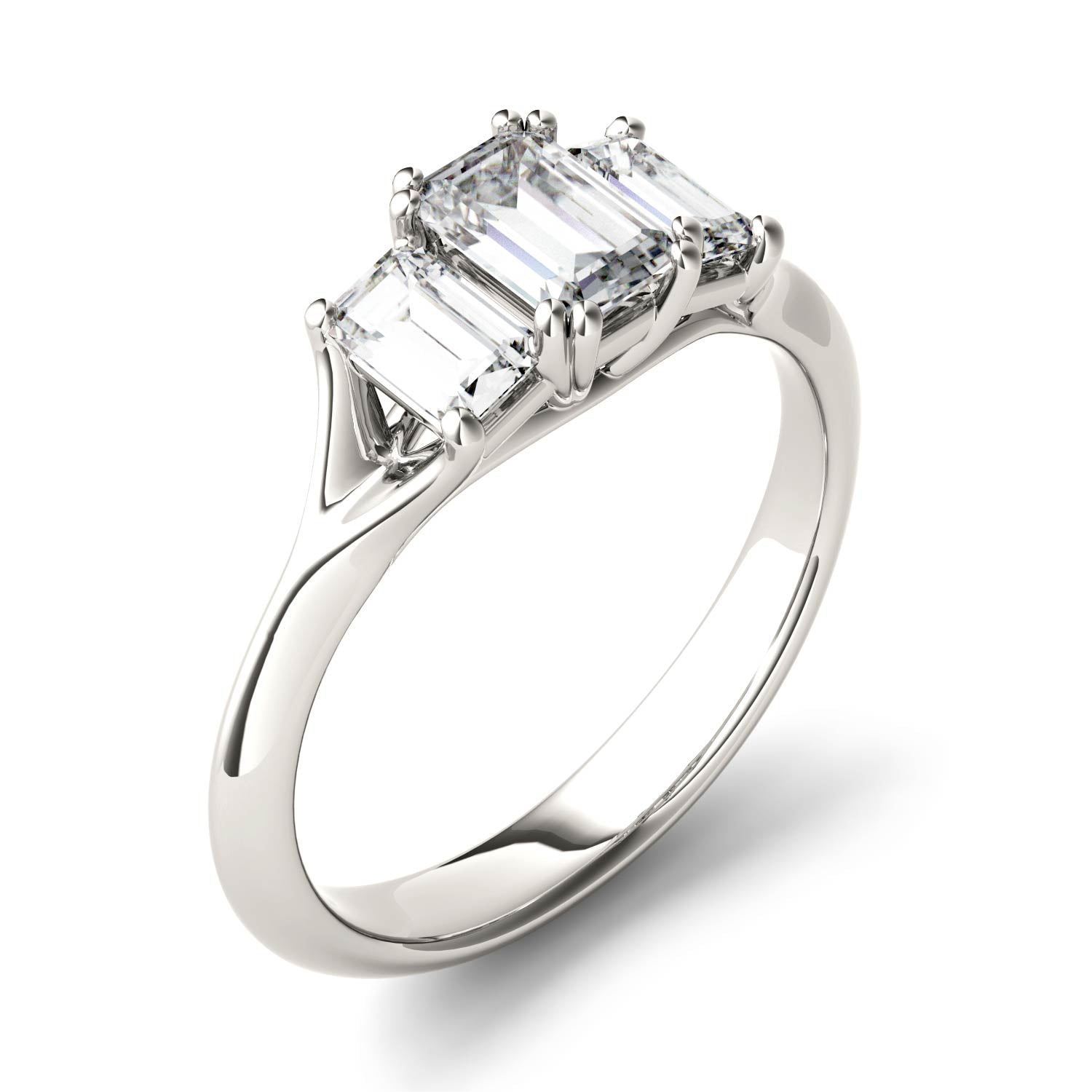 1.36 CTW DEW Radiant Moissanite Three Stone Ring in 14K White Gold