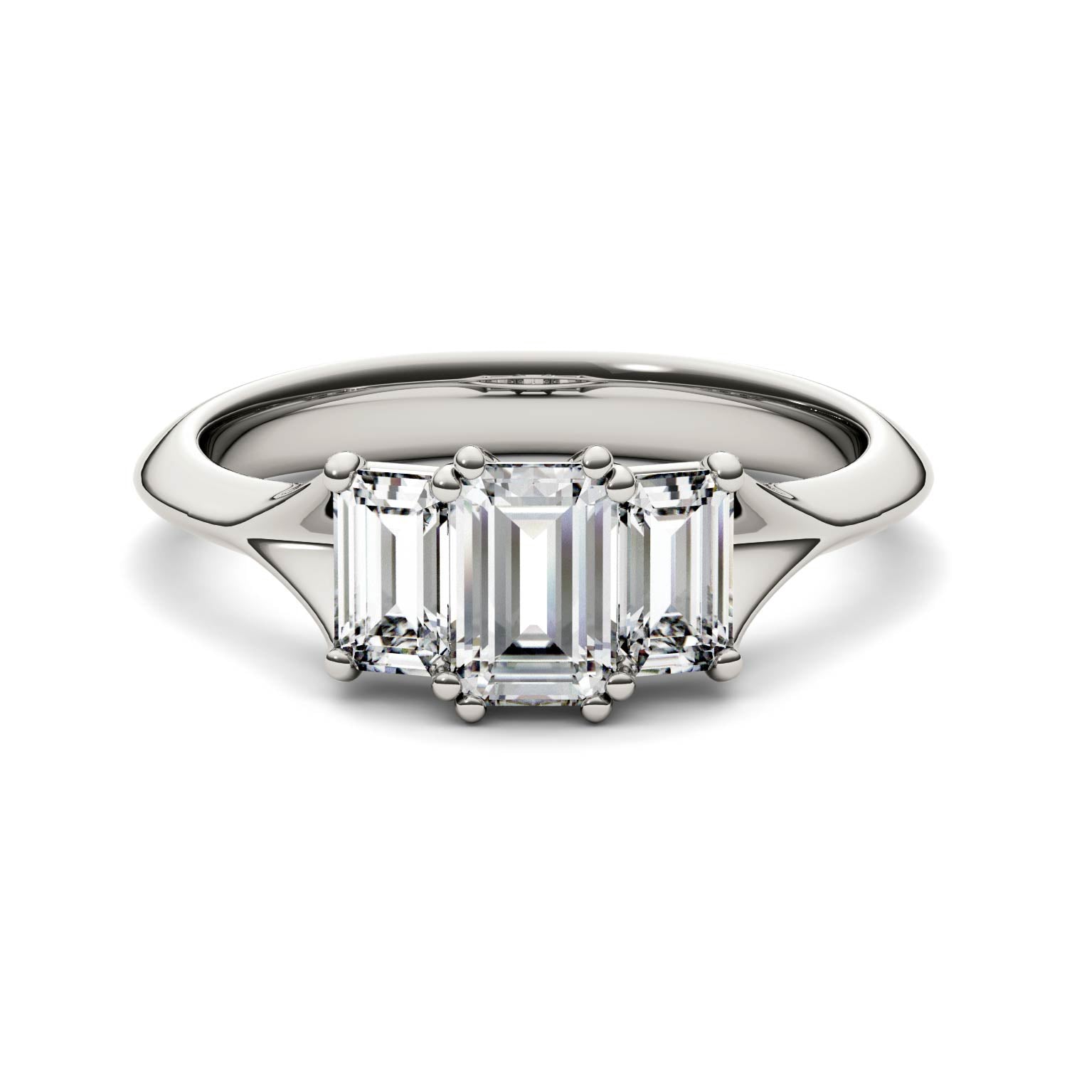 1.36 CTW DEW Radiant Moissanite Three Stone Ring in 14K White Gold