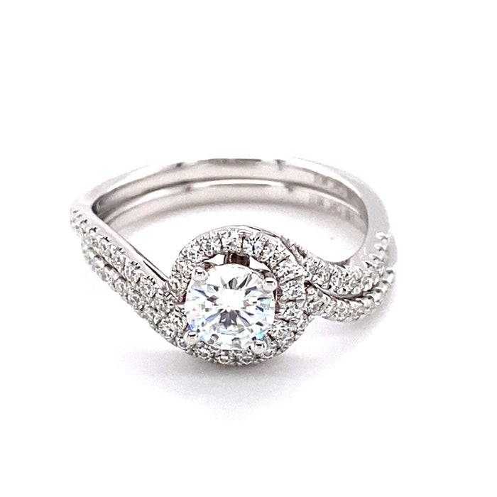 1.18 CTW DEW Round Near-Colorless Moissanite Bypass Halo Engagement Ring in 14K White Gold