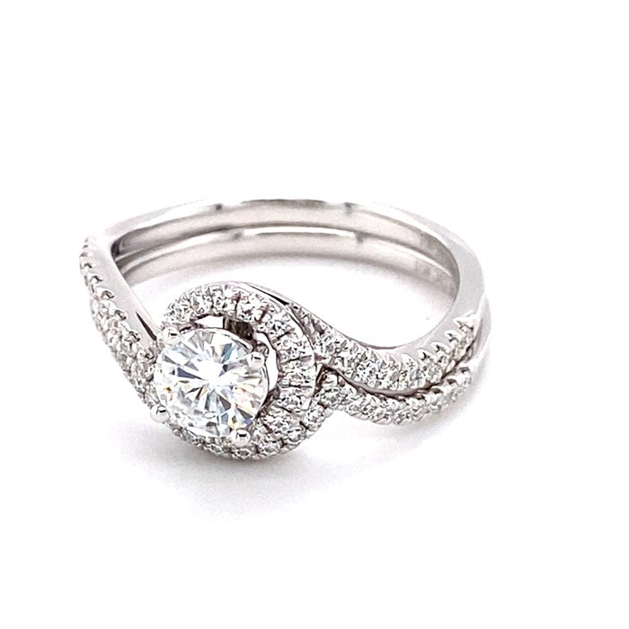 1.18 CTW DEW Round Near-Colorless Moissanite Bypass Halo Engagement Ring in 14K White Gold