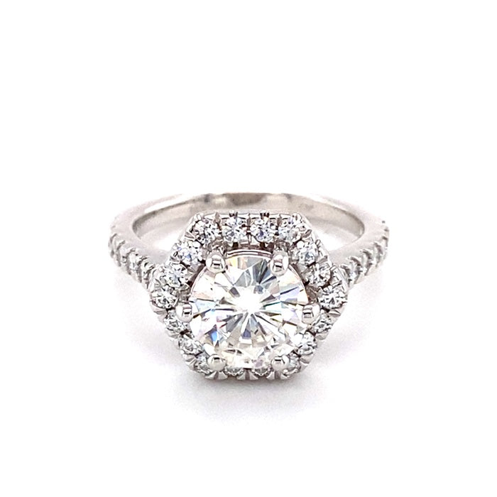 2.06 CTW DEW Round Near-Colorless Moissanite Halo Engagement Ring in 14K White Gold