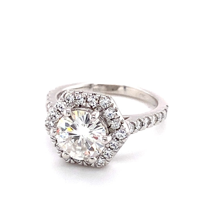 2.06 CTW DEW Round Near-Colorless Moissanite Halo Engagement Ring in 14K White Gold