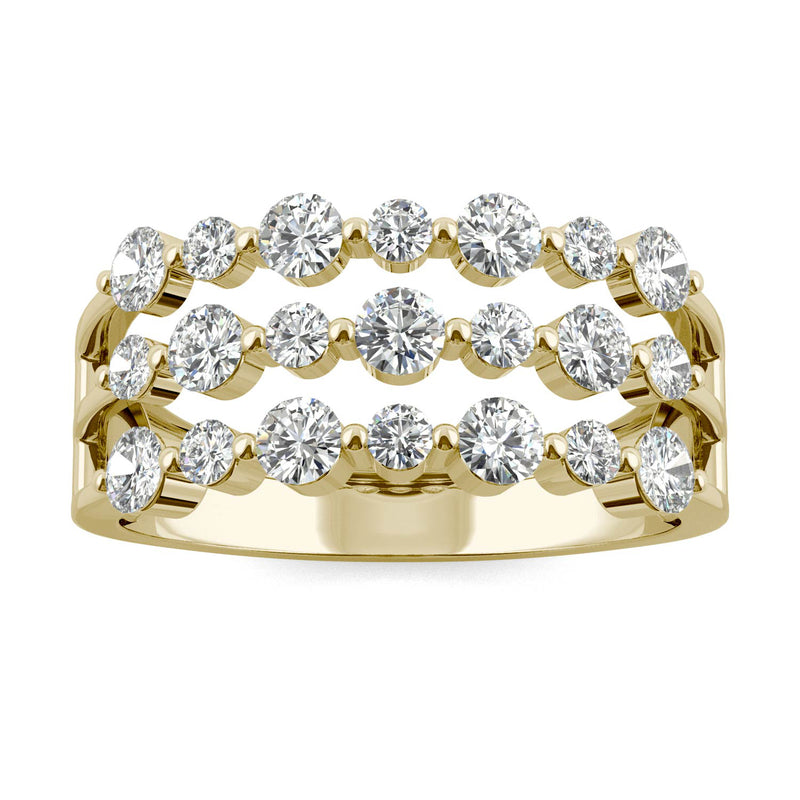 0.91 CTW DEW Round Moissanite Three Row Ring in 14K Yellow Gold