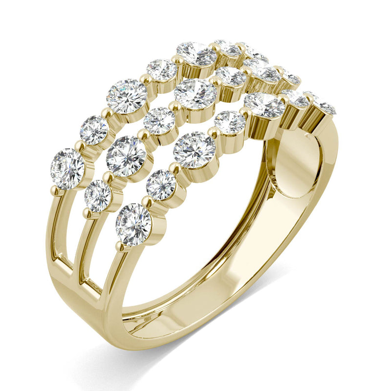 0.91 CTW DEW Round Moissanite Three Row Ring in 14K Yellow Gold